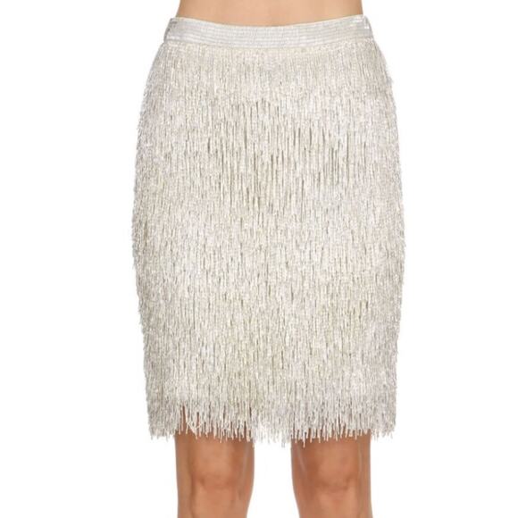 MOSCHINO Beaded Fringe Silk Pencil Skirt In Silver size 6 Rare NWT Retails $5945 - Picture 3 of 13